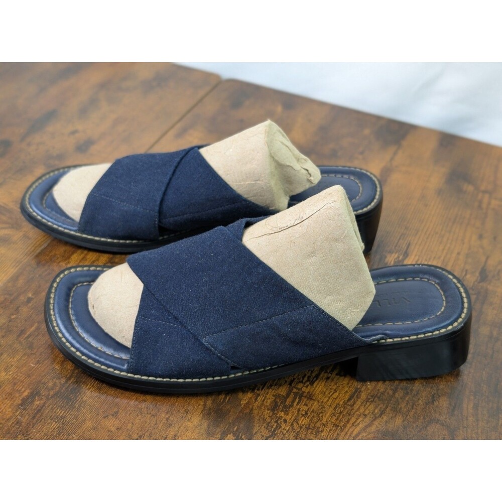 Liz Claiborne Villager Wedge Size 7.5 Navy Leather Open Toe Slip On Shoes